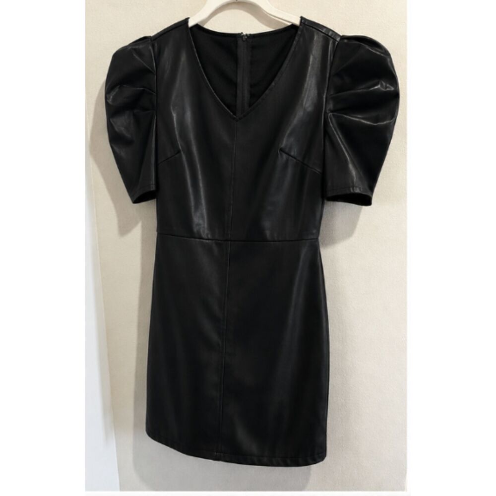 SHE + SKY Black Faux Leather Puff Sleeve Mini Dress – Women's Medium